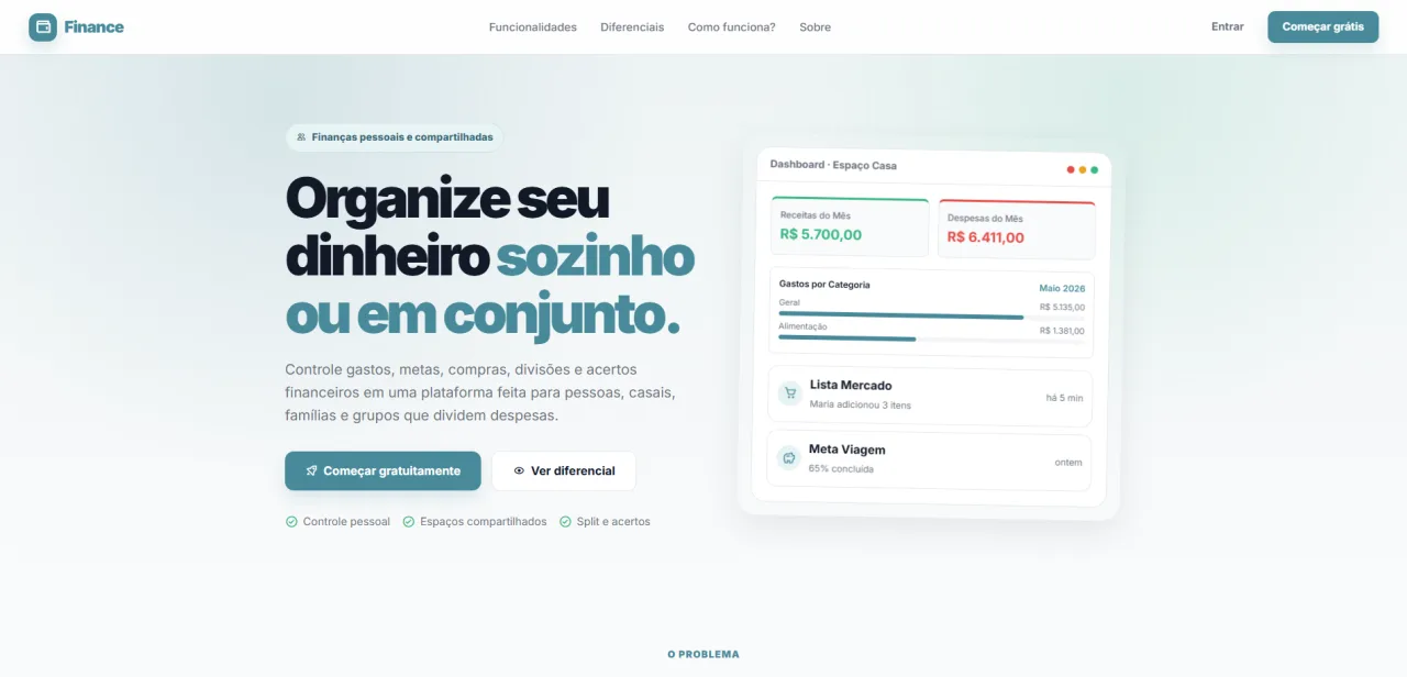 Página inicial do Finance